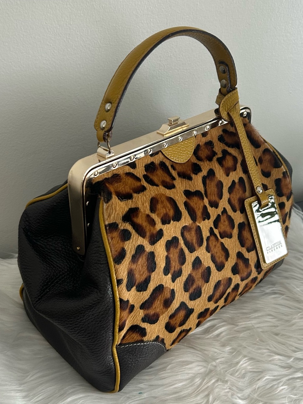 Claudia Firenze Leopard Calf Hair Leather Frame Satchel Made in Italy - Picture 5 of 15